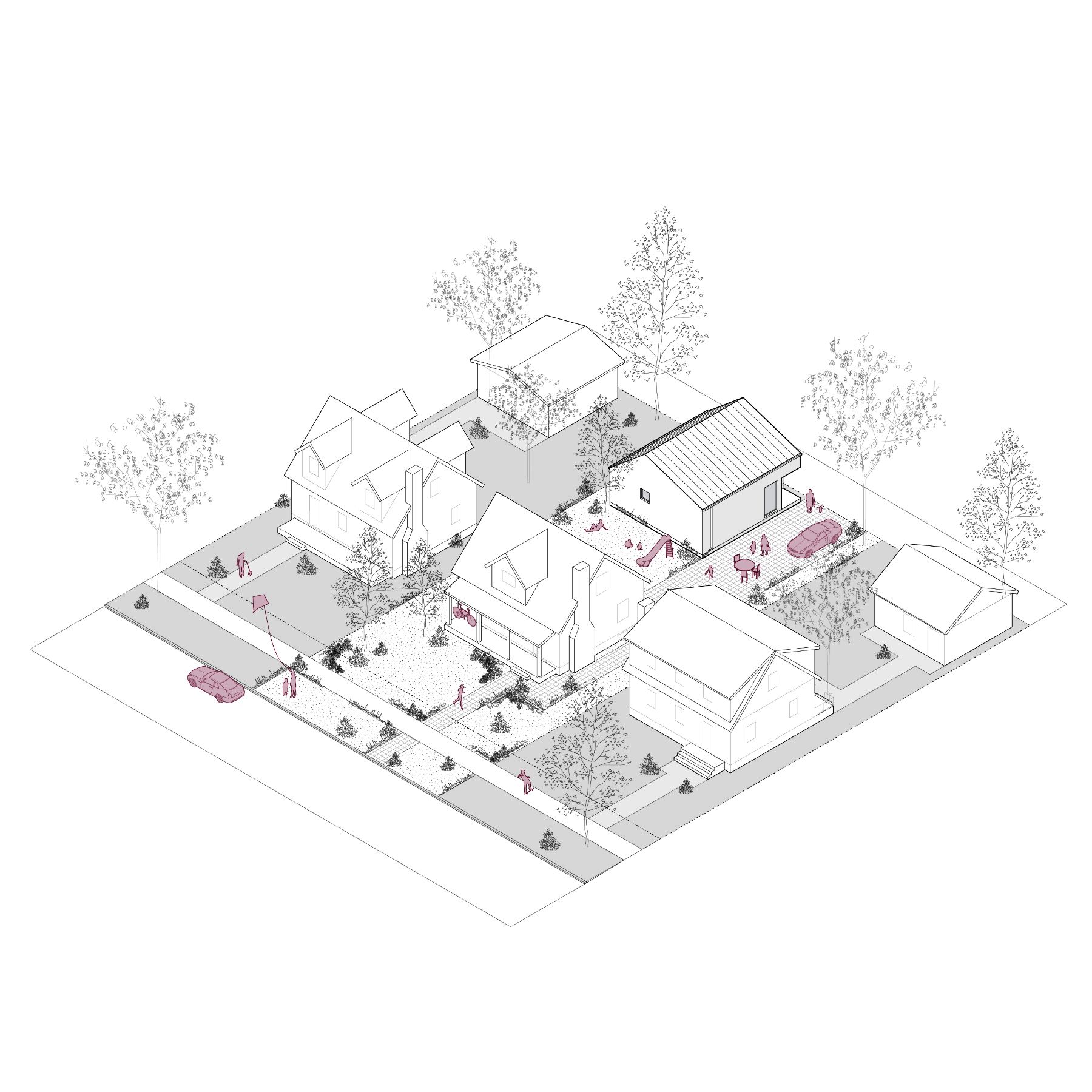 Rendu 3D réaliste d’un logement de plain-pied au style élégant et minimaliste, doté d’un toit en pente. L’extérieur allie un bardage en métal foncé et des panneaux de bois au caractère chaleureux. Le logement est situé dans un quartier résidentiel. Entouré de verdure, il est mis en valeur par un aménagement paysager à faible entretien. 
